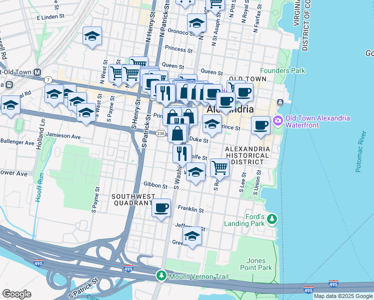 map of restaurants, bars, coffee shops, grocery stores, and more near 320 South Washington Street in Alexandria