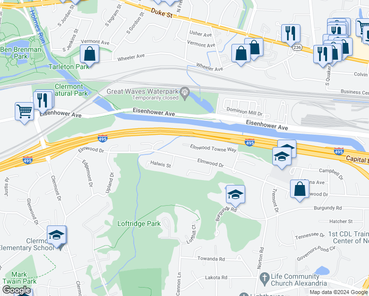 map of restaurants, bars, coffee shops, grocery stores, and more near 3854 Elmwood Towne Way in Alexandria