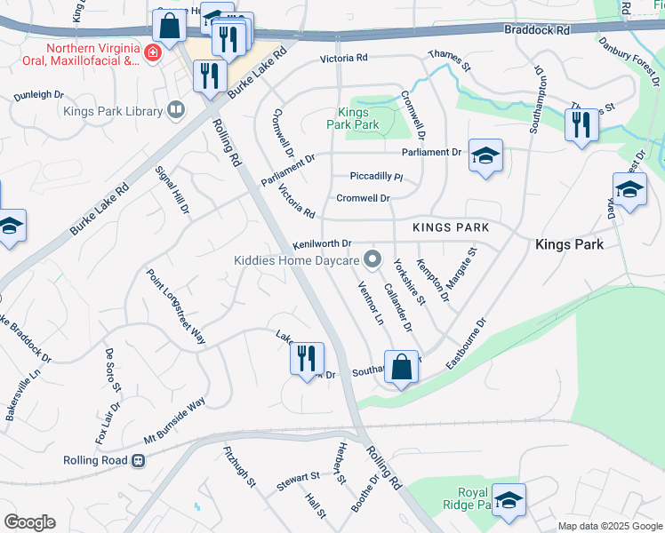 map of restaurants, bars, coffee shops, grocery stores, and more near 5507 Kings Park Drive in Springfield