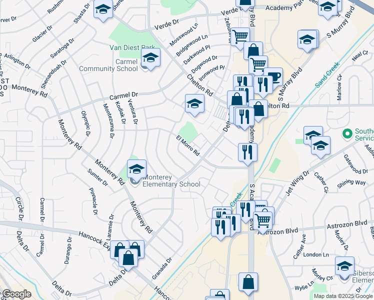 map of restaurants, bars, coffee shops, grocery stores, and more near 3535 El Morro Rd in Colorado Springs
