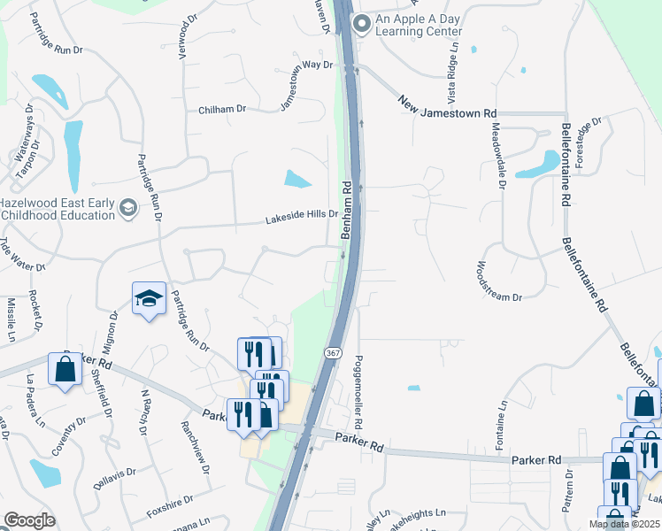 map of restaurants, bars, coffee shops, grocery stores, and more near 12303 Benham Road in St. Louis