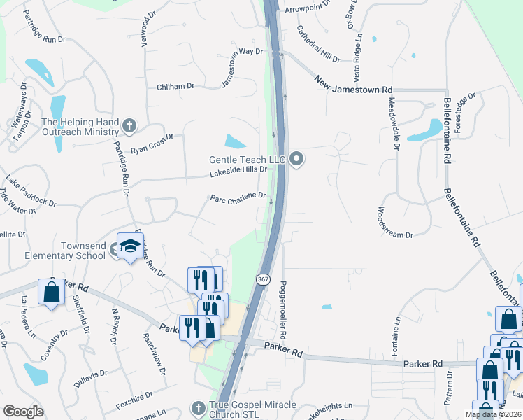 map of restaurants, bars, coffee shops, grocery stores, and more near 12303 Benham Road in St. Louis