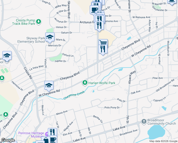 map of restaurants, bars, coffee shops, grocery stores, and more near 19 Wolfe Avenue in Colorado Springs