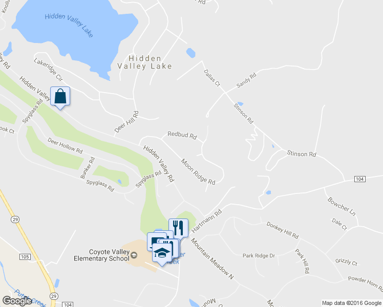 map of restaurants, bars, coffee shops, grocery stores, and more near 17934 Moon Hill Court in Hidden Valley Lake