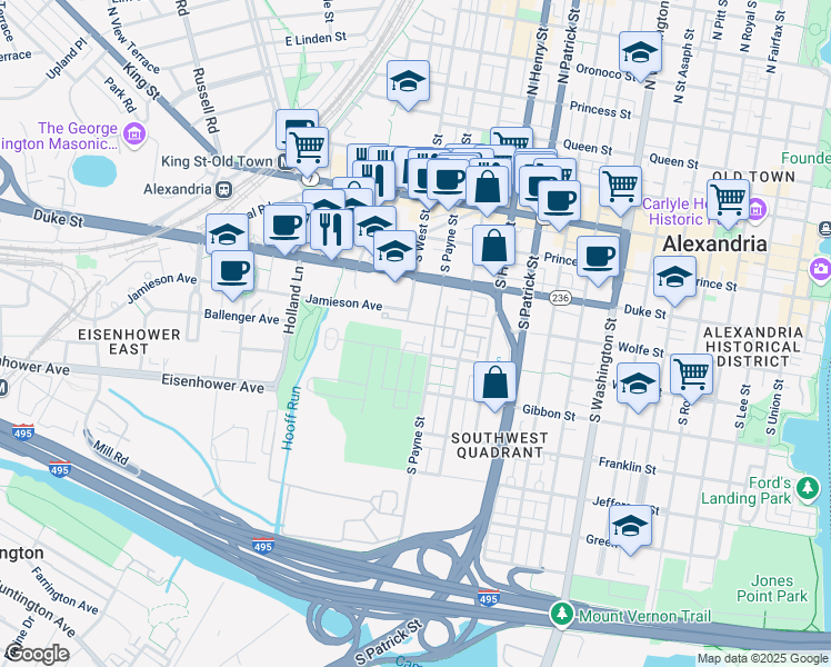 map of restaurants, bars, coffee shops, grocery stores, and more near 1303 Wilkes Street in Alexandria
