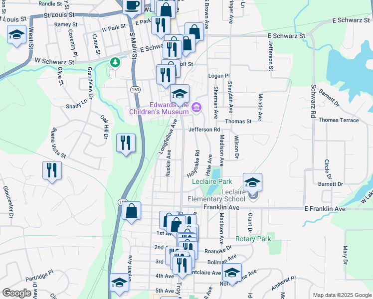 map of restaurants, bars, coffee shops, grocery stores, and more near 824 Troy Road in Edwardsville