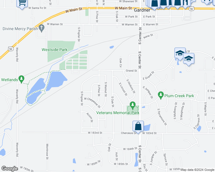 map of restaurants, bars, coffee shops, grocery stores, and more near 577 South Walnut Street in Gardner