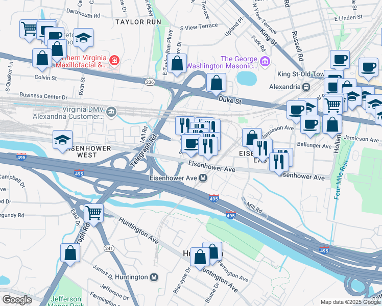 map of restaurants, bars, coffee shops, grocery stores, and more near 2461 Eisenhower Avenue in Alexandria