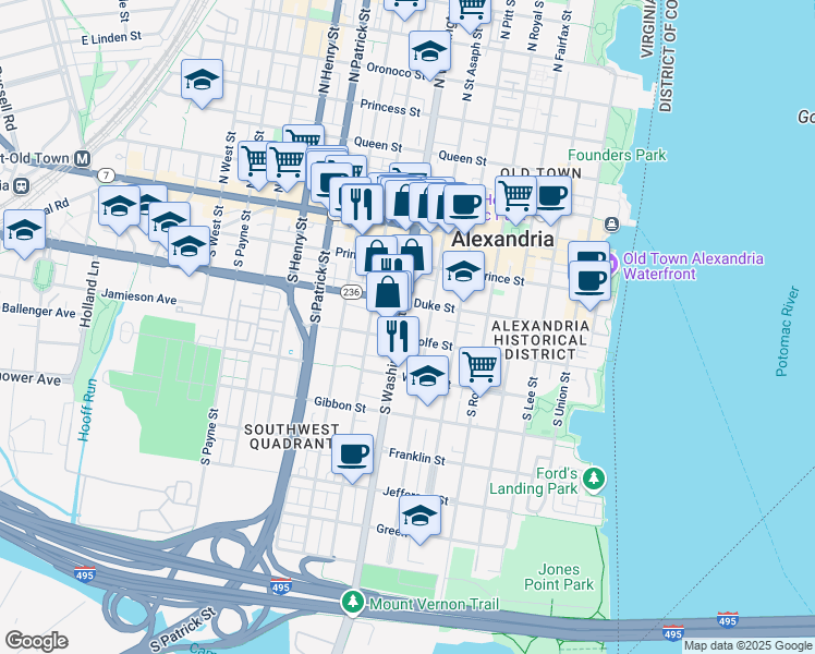 map of restaurants, bars, coffee shops, grocery stores, and more near 320 South Washington Street in Alexandria