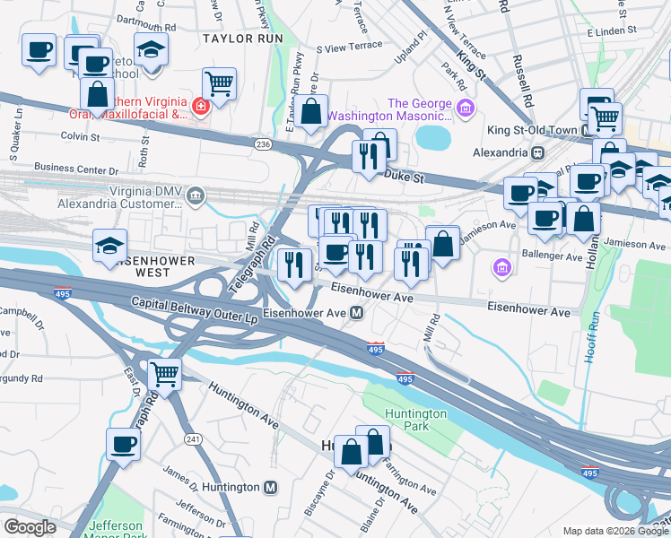 map of restaurants, bars, coffee shops, grocery stores, and more near 2461 Eisenhower Avenue in Alexandria