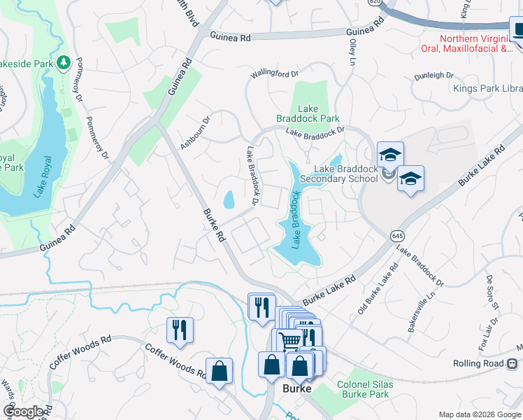 map of restaurants, bars, coffee shops, grocery stores, and more near 5489 Lighthouse Lane in Burke