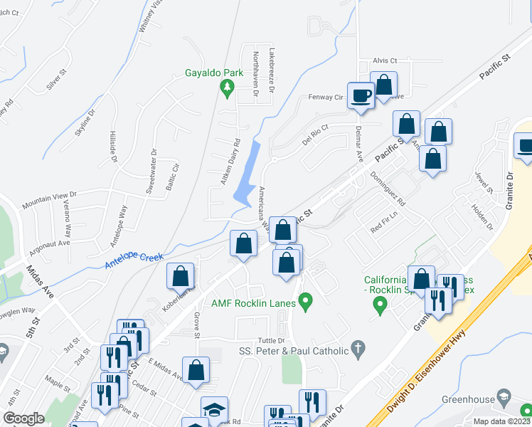 map of restaurants, bars, coffee shops, grocery stores, and more near 4259 Americana Way in Rocklin