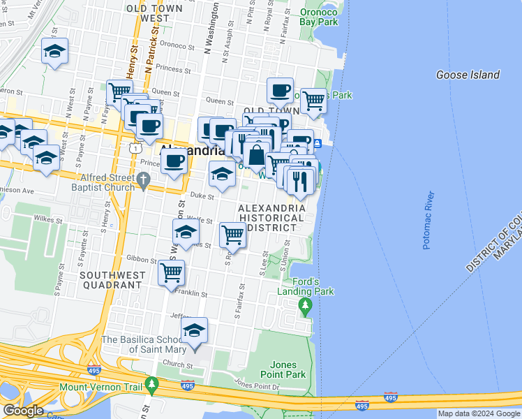 map of restaurants, bars, coffee shops, grocery stores, and more near 212 Duke Street in Alexandria
