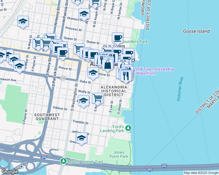 map of restaurants, bars, coffee shops, grocery stores, and more near 212 Duke Street in Alexandria