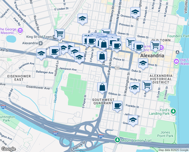 map of restaurants, bars, coffee shops, grocery stores, and more near 1200 Roundhouse Lane in Alexandria