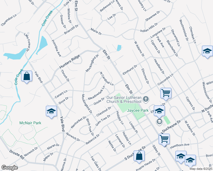 map of restaurants, bars, coffee shops, grocery stores, and more near 106 Meadowlark Lane in Saint Charles