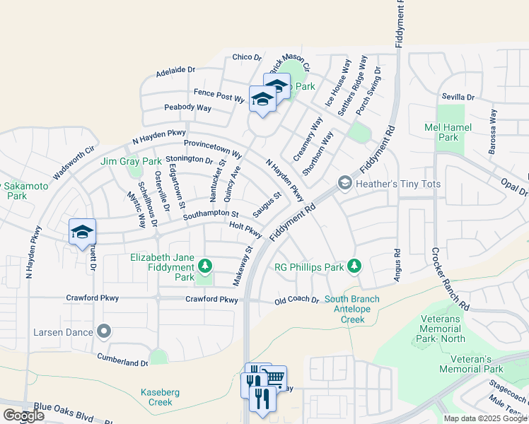 map of restaurants, bars, coffee shops, grocery stores, and more near 5024 Saugus Street in Roseville