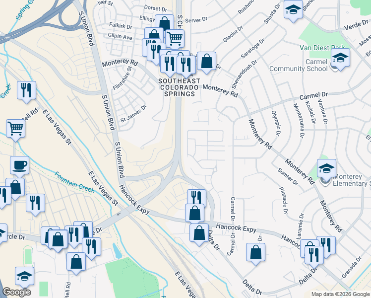 map of restaurants, bars, coffee shops, grocery stores, and more near 2132 Babbling Stream Heights in Colorado Springs