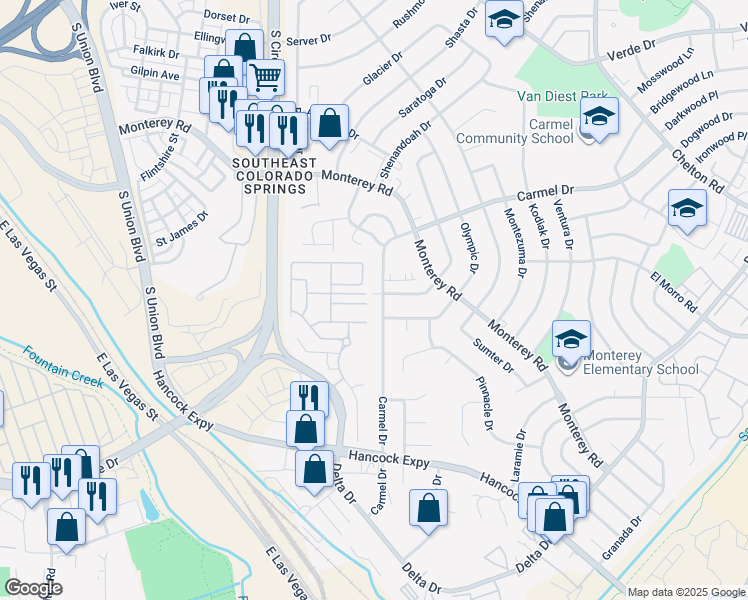 map of restaurants, bars, coffee shops, grocery stores, and more near 2760 Scotchbroom Point in Colorado Springs