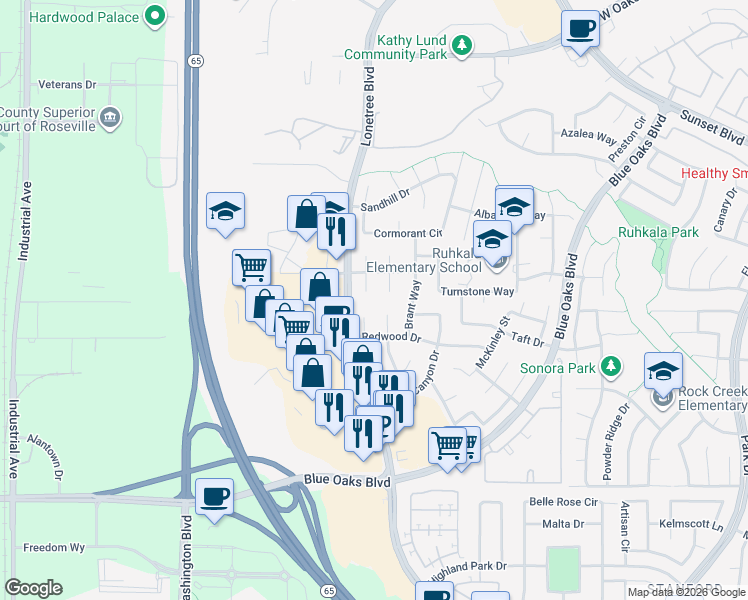 map of restaurants, bars, coffee shops, grocery stores, and more near 6508 Cleveland Court in Rocklin