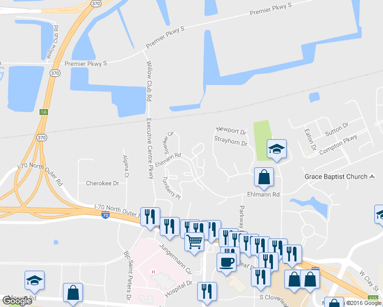 map of restaurants, bars, coffee shops, grocery stores, and more near 410 Benton Drive in St. Peters