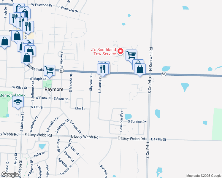 map of restaurants, bars, coffee shops, grocery stores, and more near 303 South Sunrise Drive in Raymore