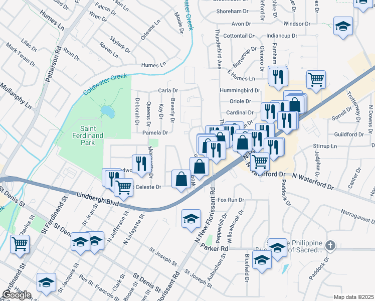 map of restaurants, bars, coffee shops, grocery stores, and more near 1775 Woodridge Lane in Florissant