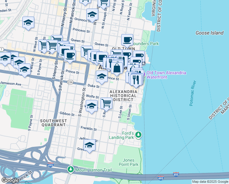 map of restaurants, bars, coffee shops, grocery stores, and more near 300 Duke Street in Alexandria