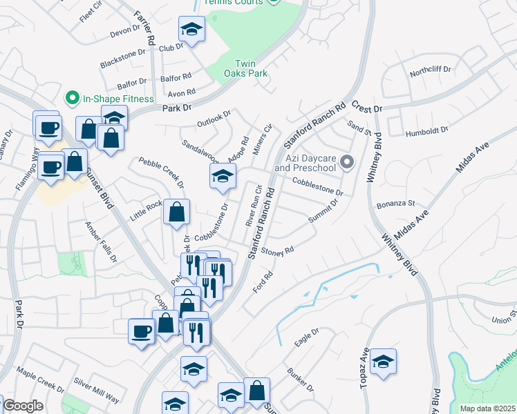 map of restaurants, bars, coffee shops, grocery stores, and more near 5724 River Run Circle in Rocklin