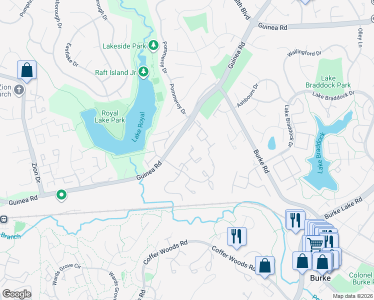 map of restaurants, bars, coffee shops, grocery stores, and more near 9760 High Water Court in Burke