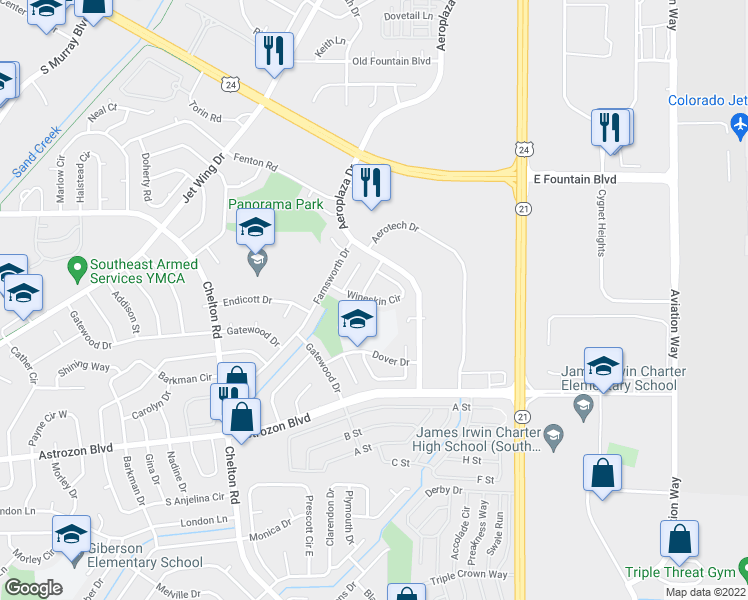 map of restaurants, bars, coffee shops, grocery stores, and more near 4855 Wineskin Circle in Colorado Springs