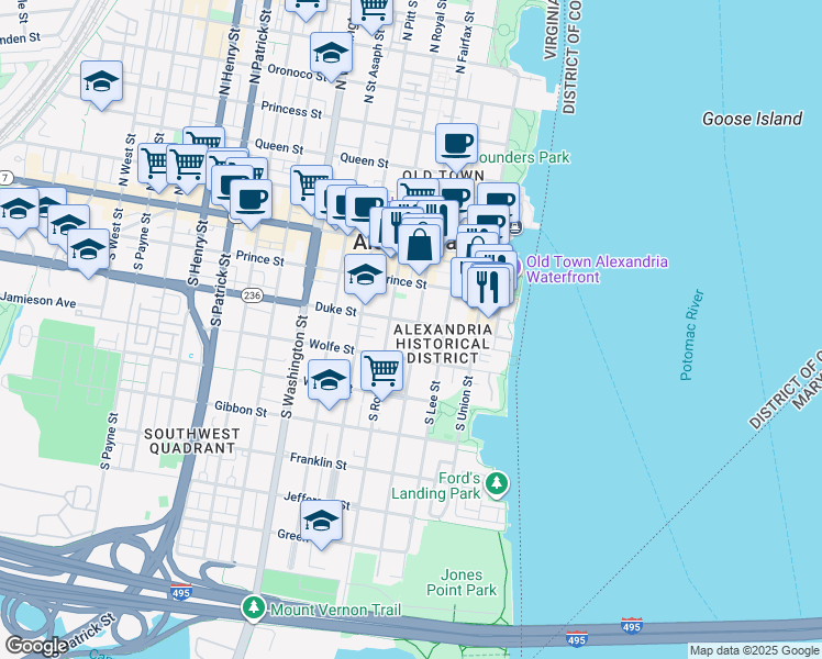 map of restaurants, bars, coffee shops, grocery stores, and more near 300 Duke Street in Alexandria