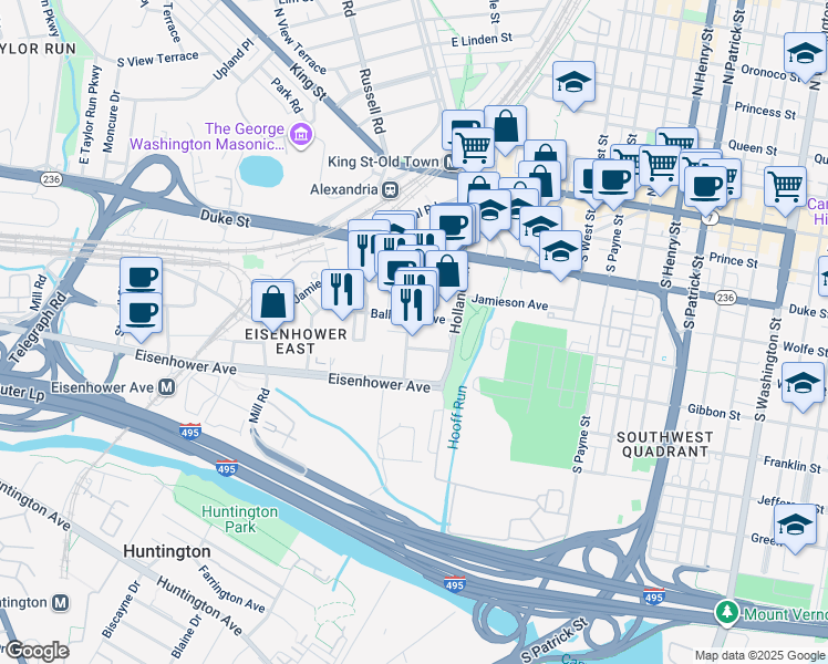 map of restaurants, bars, coffee shops, grocery stores, and more near 520 John Carlyle Street in Alexandria