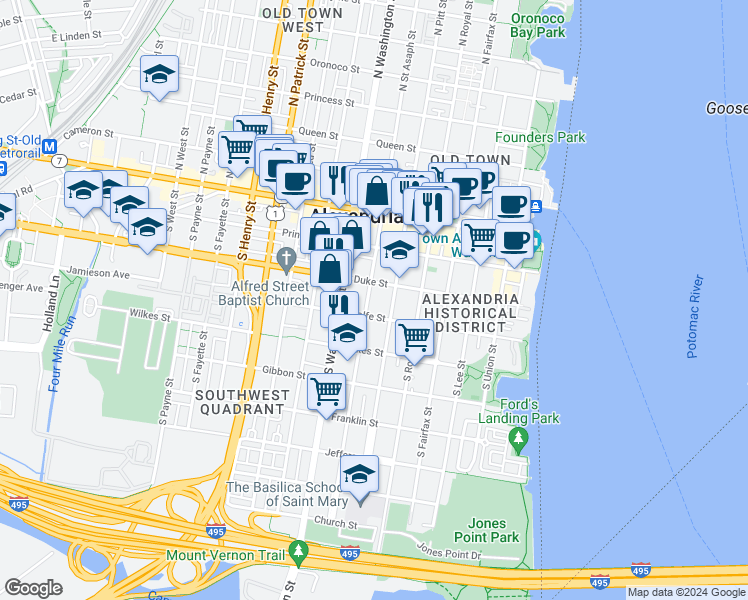 map of restaurants, bars, coffee shops, grocery stores, and more near 312 South Saint Asaph Street in Alexandria