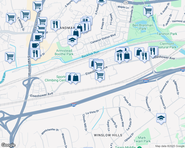 map of restaurants, bars, coffee shops, grocery stores, and more near 5000 Eisenhower Avenue in Alexandria