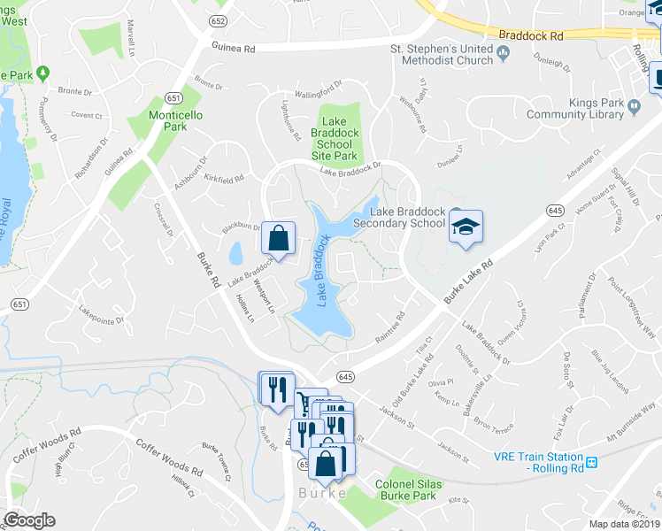 map of restaurants, bars, coffee shops, grocery stores, and more near 5430 Midship Court in Burke