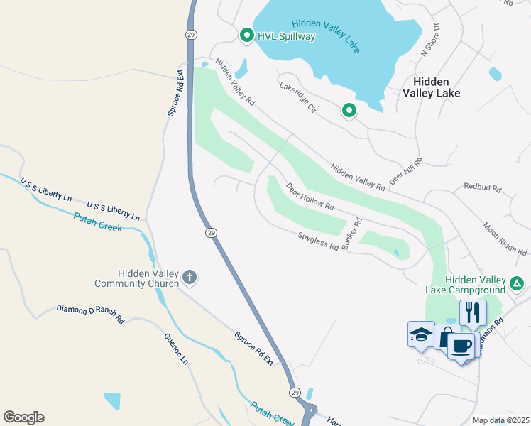 map of restaurants, bars, coffee shops, grocery stores, and more near 18254 Spyglass Road in Hidden Valley Lake