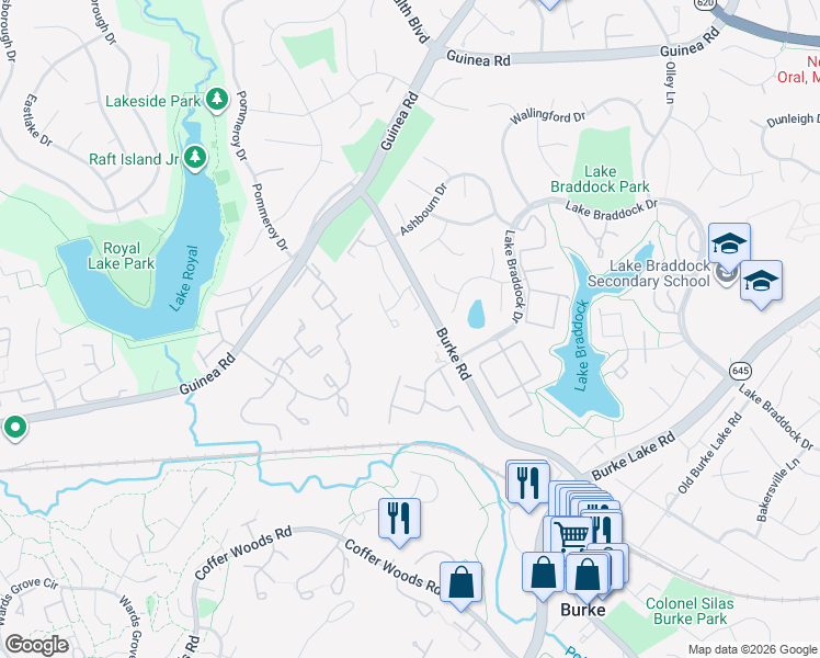 map of restaurants, bars, coffee shops, grocery stores, and more near 5555 Peppercorn Drive in Burke