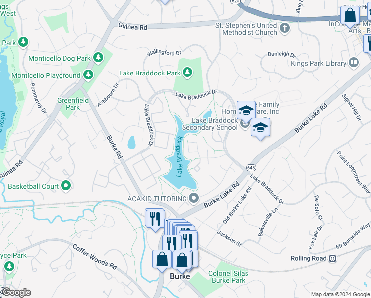 map of restaurants, bars, coffee shops, grocery stores, and more near 5430 Midship Court in Burke