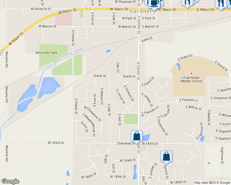 map of restaurants, bars, coffee shops, grocery stores, and more near 602 S Locust St in Gardner