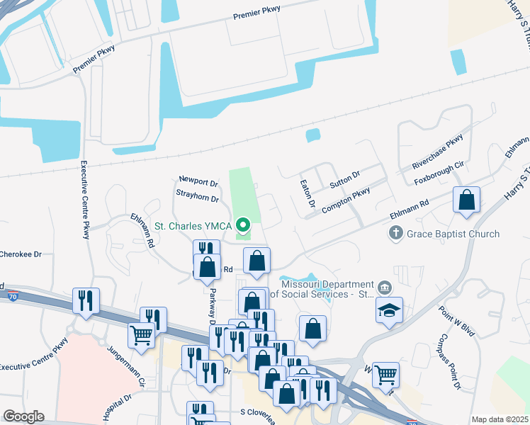 map of restaurants, bars, coffee shops, grocery stores, and more near 16 Braewood Court in Saint Charles