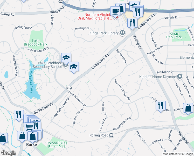 map of restaurants, bars, coffee shops, grocery stores, and more near 9120 Home Guard Drive in Burke
