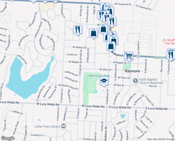 map of restaurants, bars, coffee shops, grocery stores, and more near 507 West Olive Street in Raymore