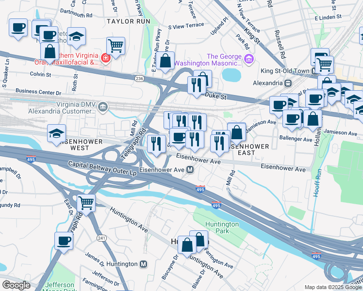 map of restaurants, bars, coffee shops, grocery stores, and more near in Alexandria