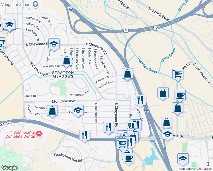 map of restaurants, bars, coffee shops, grocery stores, and more near 1213 Bristol Avenue in Colorado Springs
