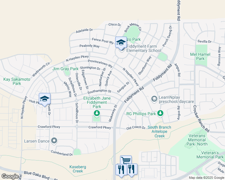 map of restaurants, bars, coffee shops, grocery stores, and more near 4056 Southampton Street in Roseville