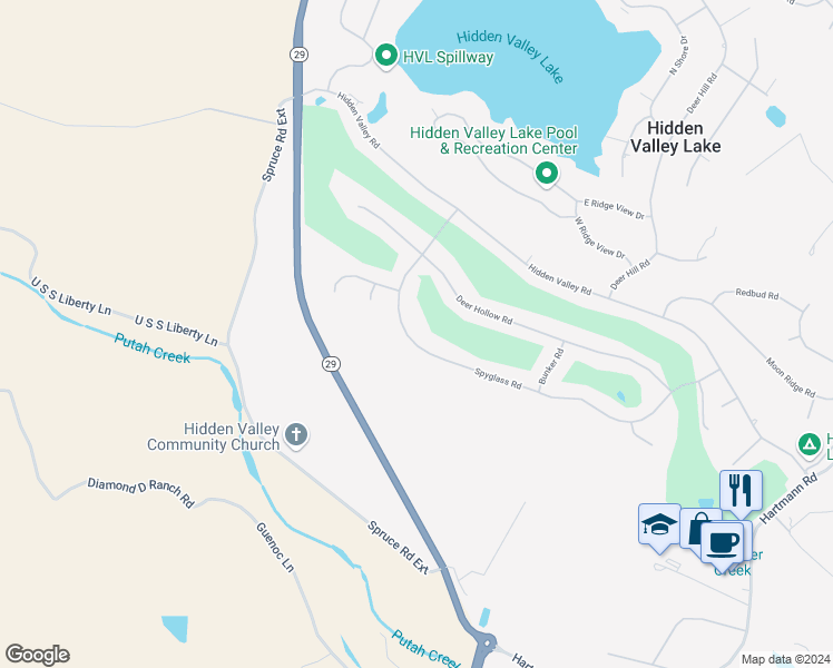 map of restaurants, bars, coffee shops, grocery stores, and more near 18254 Spyglass Road in Hidden Valley Lake