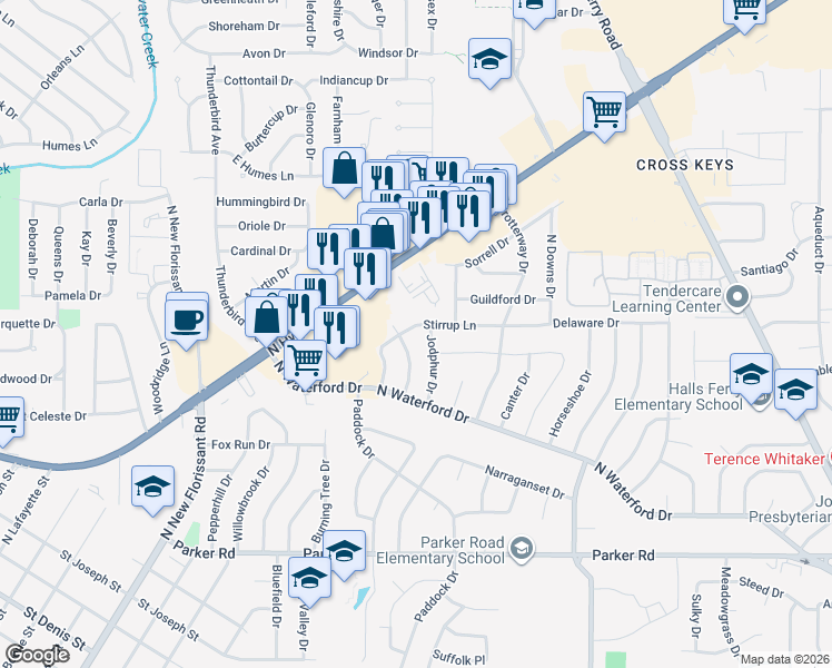 map of restaurants, bars, coffee shops, grocery stores, and more near 2390 Stirrup Lane in Florissant