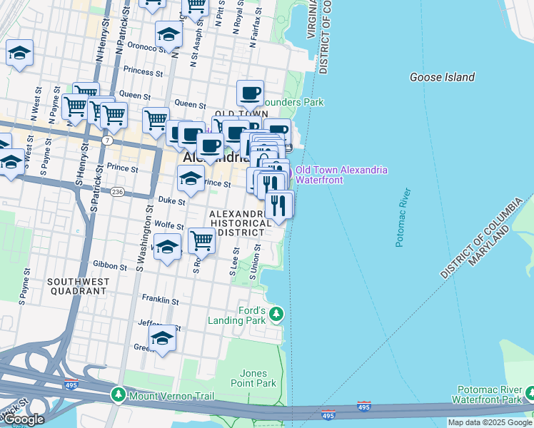 map of restaurants, bars, coffee shops, grocery stores, and more near 1 Duke Street in Alexandria