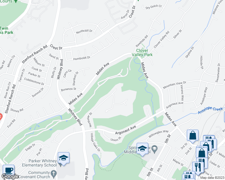 map of restaurants, bars, coffee shops, grocery stores, and more near 4430 Northstar Street in Rocklin